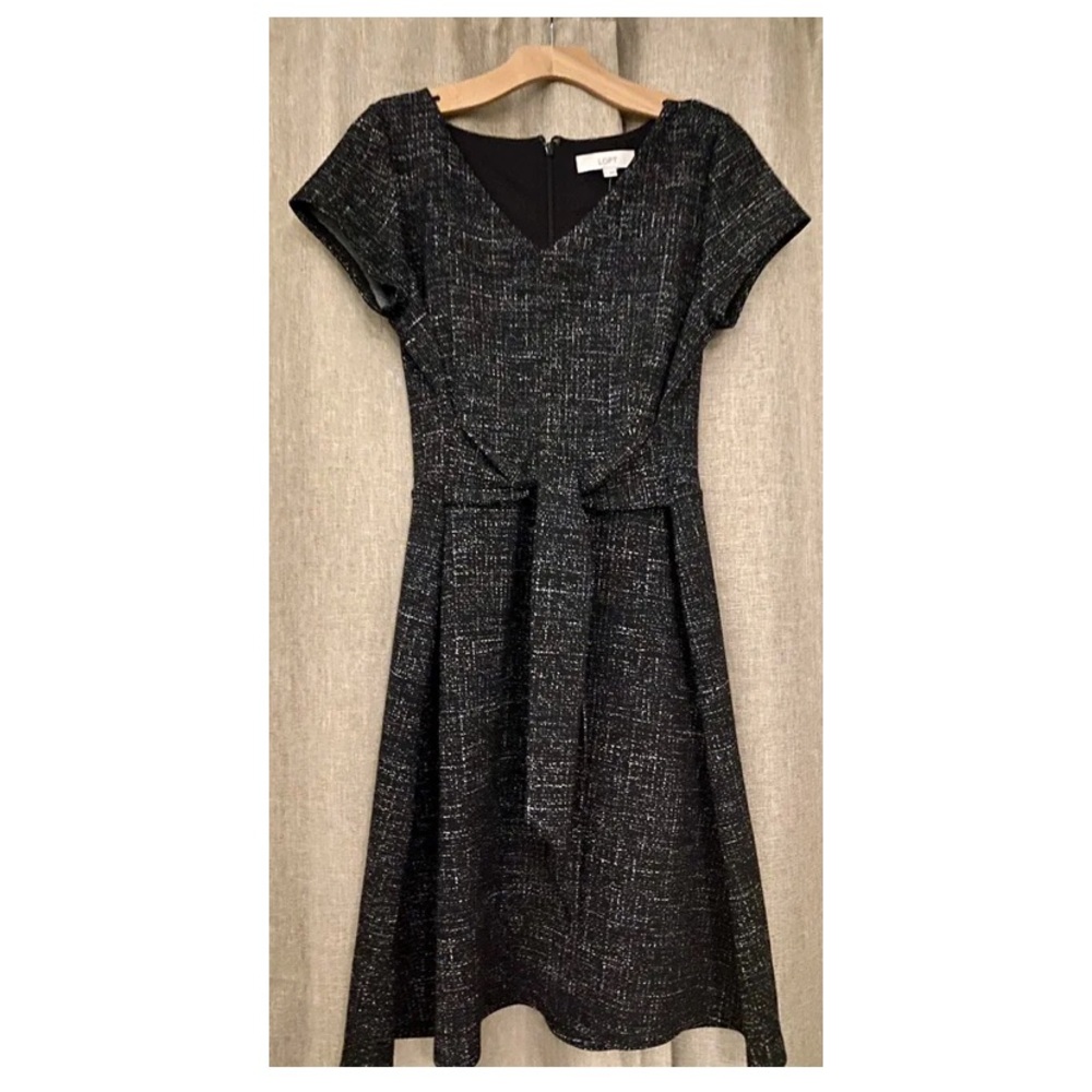 New Loft Black Tweed pattern short sleeve tie waist dress size 12